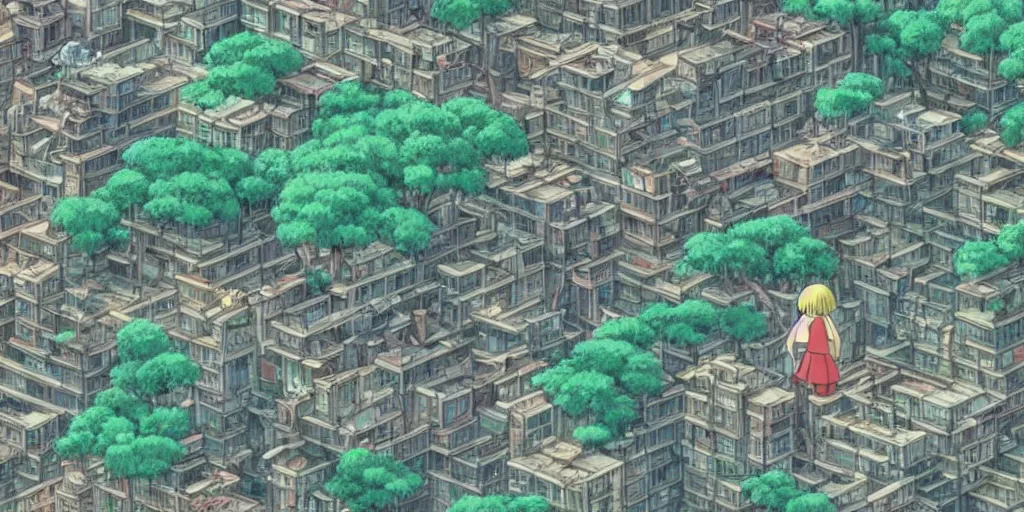 Image similar to screenshot from a studio ghibli anime movie about a forest city, kowloon walled city, ruined buildings, animals and robots