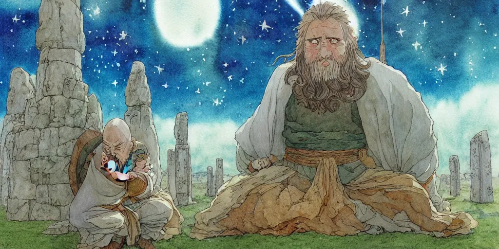 Image similar to a hyperrealist studio ghibli watercolor fantasy concept art of a giant long haired medieval monk with his heads down in lotus position in stonehenge with a starry sky in the background. a giant rocket ship from independence day ( 1 9 9 6 ) is floating in the air. by rebecca guay, michael kaluta, charles vess