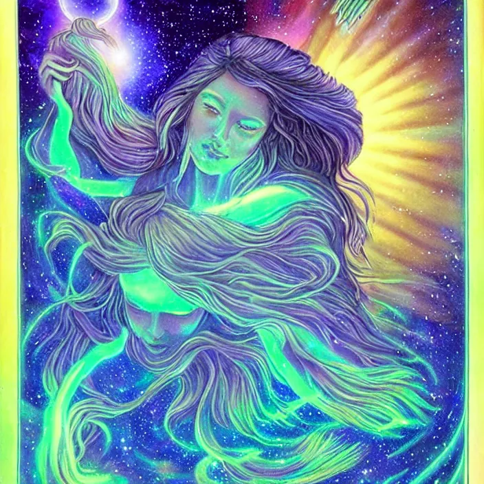 Image similar to the rise of the divine feminine goddess, bioluminescent, aurora in the universe, cosmos, divine power energy, light force, hyper - realistic, highly detailed, mystical, sharp focus, realistic, sci - fi, the awakening of the divine energy