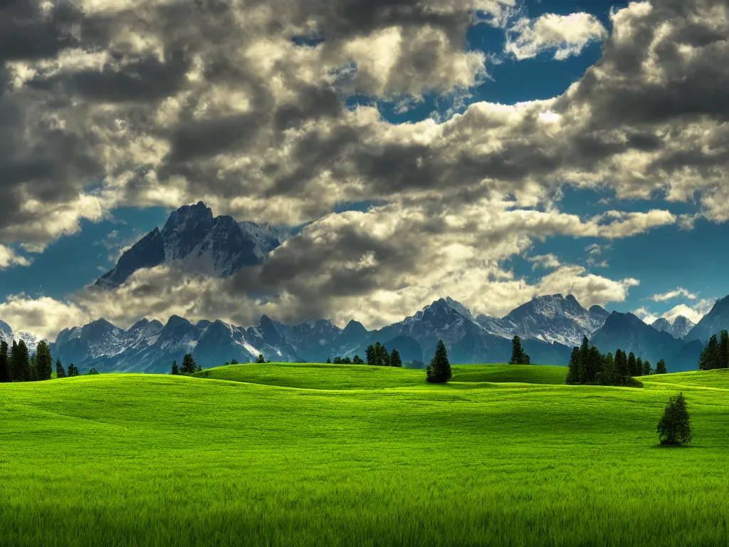 Image similar to windows bliss wallpaper, green field, hdr, 4 k, 8 k, professional photograph, color corrected, sharp focus, mountains in background, by marc adamus