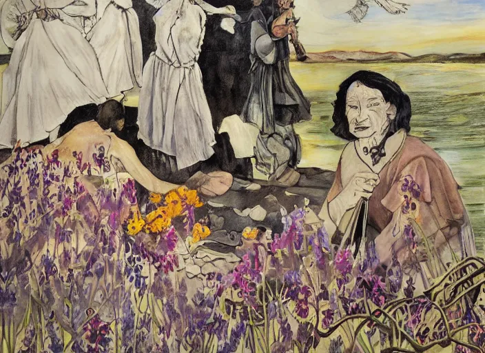 Image similar to painting, suzanne takes your hand and she leads you to the river, she's wearing rags and feathers from salvation army counters, and the sun pours down like honey on our lady of the harbor church in montreal, and she shows you where to look among the garbage and the flowers, there are heroes in the seaweed, by paula rego, by neo rauch, by edward hopper