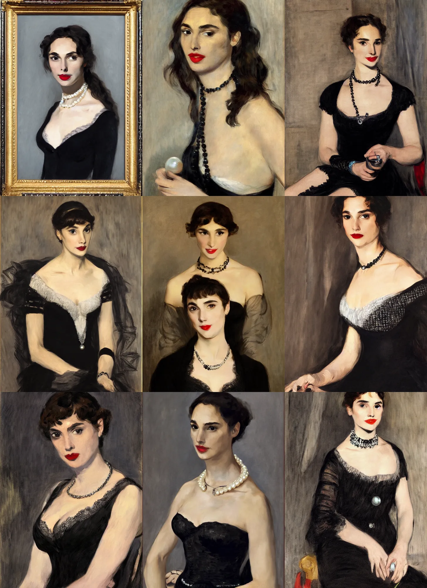 Prompt: portrait of Gal Gadot dressed in black lace, and pearl necklace , by Manet, photo real, super detailed, 4k, hd