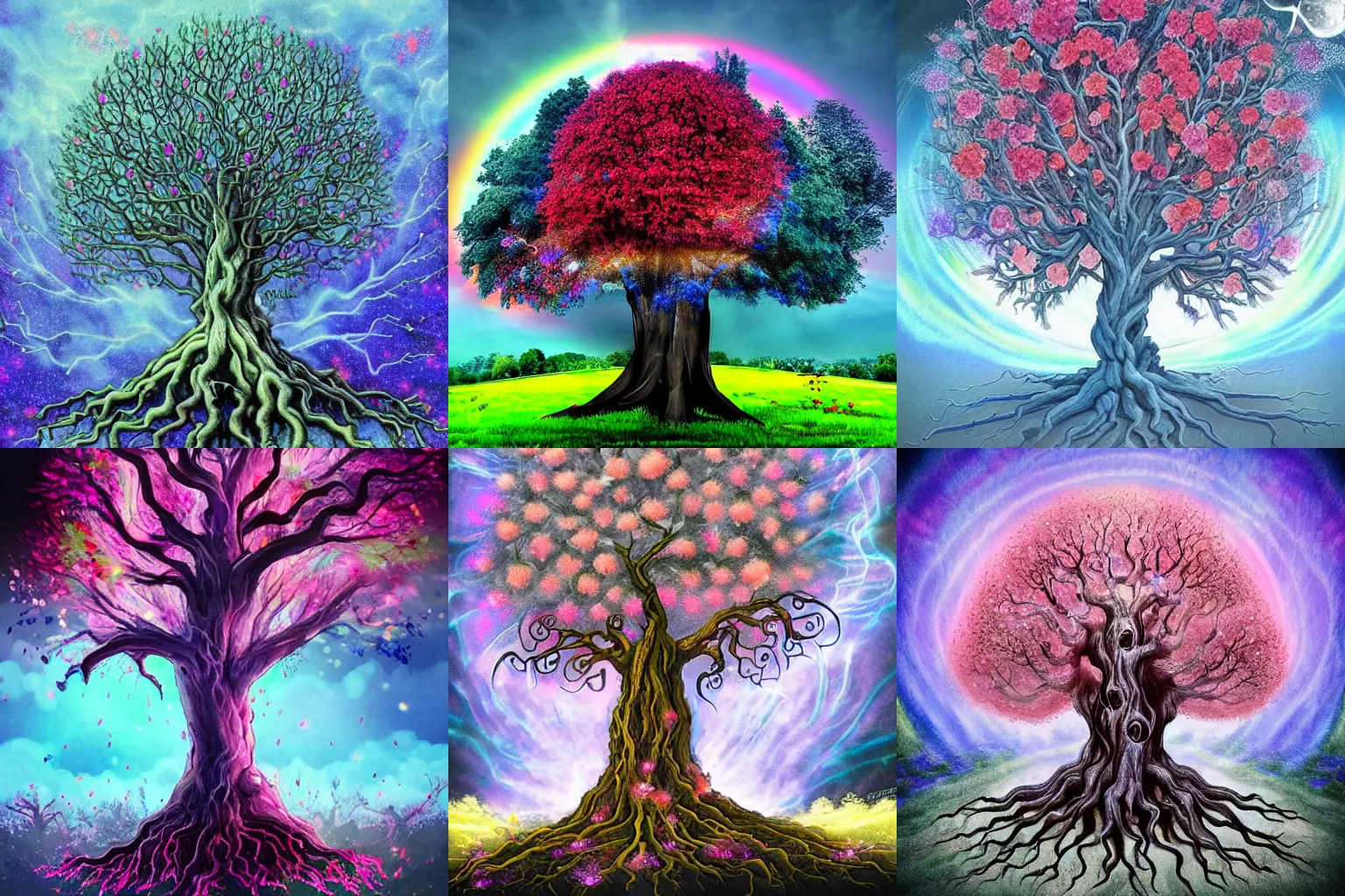 Prompt: dying grey demon grown into a mighty tree of life with blue foliage and a pink glow with huge wide angel wings laying in beautiful summer flowers in amazing serene landscape in sun rays All the flowers around me are blooming. Lovely Peaceful elvish forest on corners. Red burning meteor falling on background. Apples and birds on trees. Rainbow. Raining. Starts falling. Incredible colors. Hyperdetailed