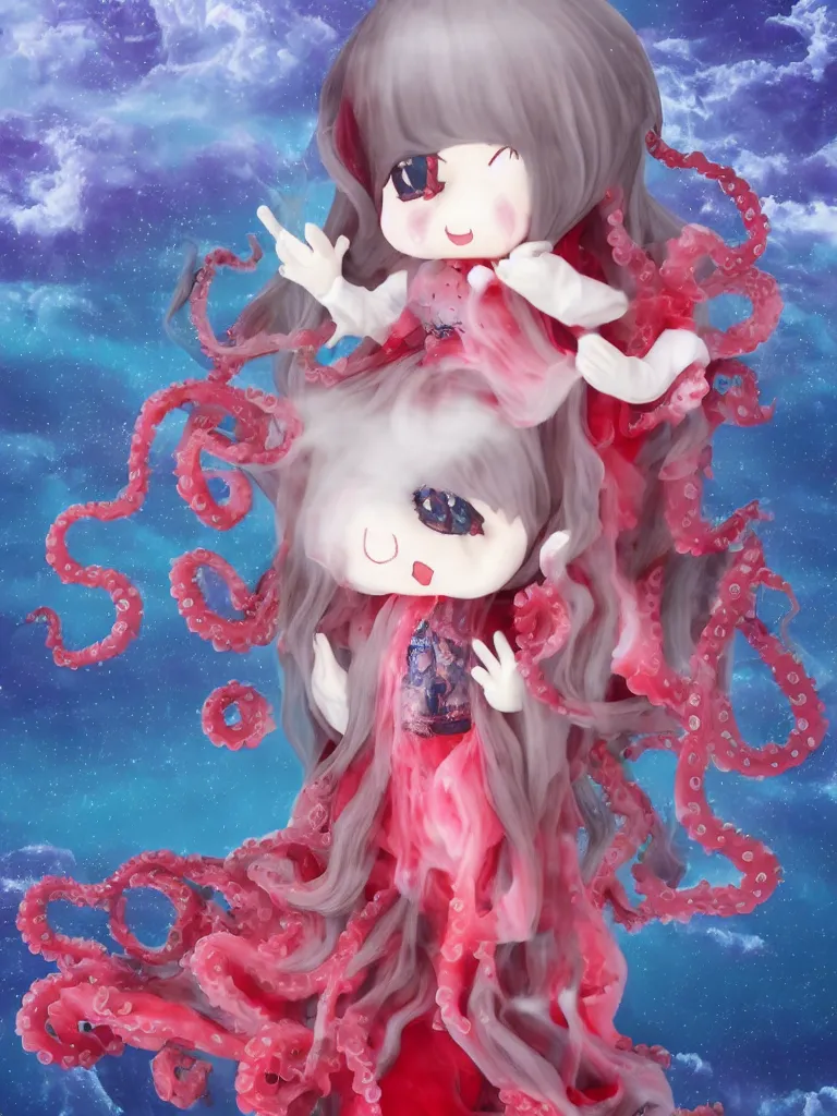 Image similar to cute fumo plush chibi gothic translucent octopus maiden princess girl washing her hair in the waves of the wavering dark galactic abyss, long black and red ruffled intricate dress with ribbons, ocean wave thunderstorm and reflective splashing water, wisps of smoke and haze and volumetric fog, ocean simulation, vignette, vray