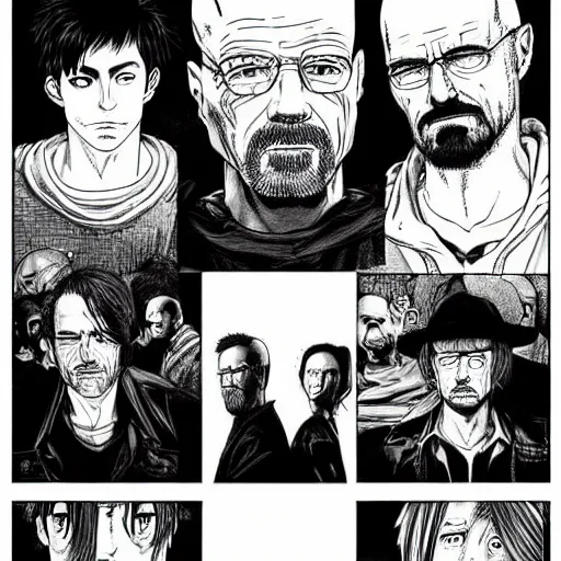 Image similar to Breaking Bad as a manga, art by Kentaro Miura, wide shot featuring Walter, Jesse, and Mike