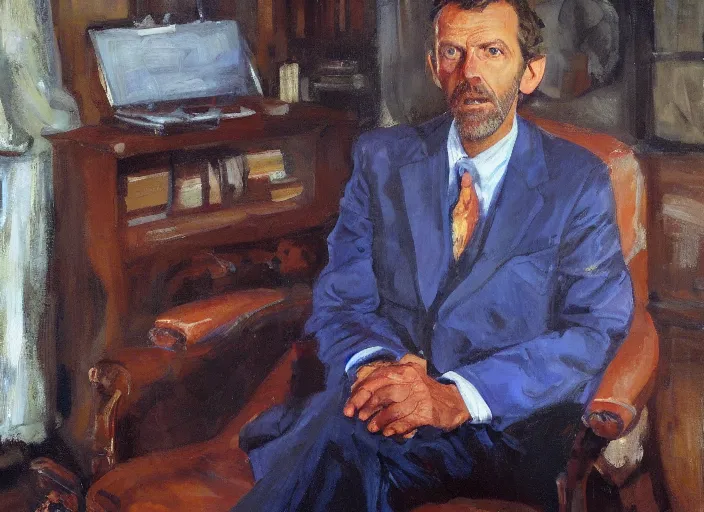 Image similar to a highly detailed beautiful portrait of dr. gregory house, by gregory manchess, james gurney, james jean