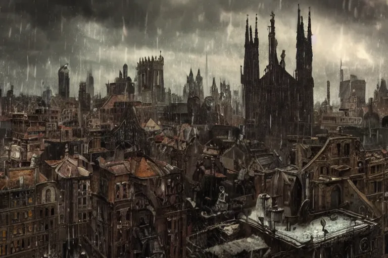 Prompt: Found footage of a giant abomination standing above a gothic city, painting, dramatic lighting, raining, high detail, photo-realistic