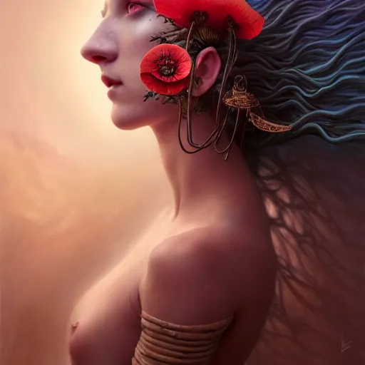 Image similar to unique non-conventional beautiful goddess of poppy, surreal, fantasy, intricate, elegant, dramatic lighting, emotionally evoking symbolic metaphor, highly detailed, lifelike, photorealistic, digital painting, painterly, artstation, concept art, smooth, sharp focus, illustration, art by John Collier and Krenz Cushart and Artem Demura and Alphonse Mucha and Albert Aublet