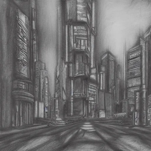 Image similar to charcoal drawing of a cyberpunk city