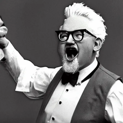 Prompt: real photograph of colonel-sanders screaming