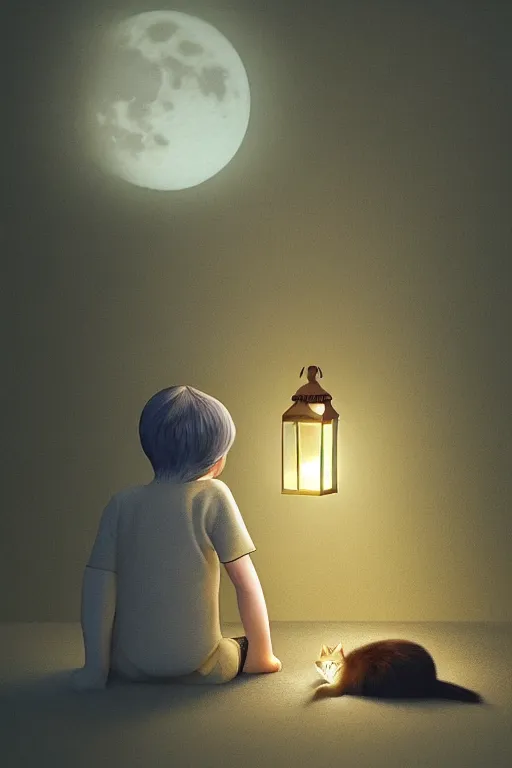 Prompt: a little boy and his cat sit at night, lantern light besides, photorealistic face and skin tones, dreamy moonlit nightscape by the garden, lake house, smooth, matte colors, trending on artstation, 4 k, 8 k