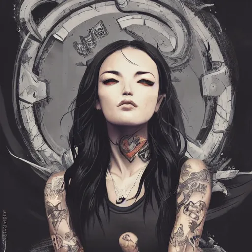 Image similar to captivating bar maid, tattoos, black t - shirt, black skirt, detailed portrait, intricate complexity, by greg rutkowski, artgerm, ross tran, conrad roset, takato yomamoto, ilya kuvshinov. 4 k, beautiful, cinematic dramatic atmosphere