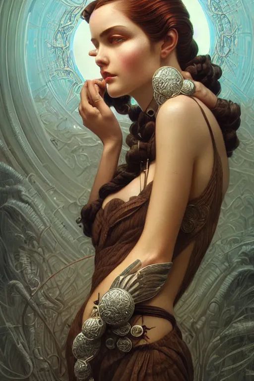 Prompt: a beautiful hyperrealistic portrait pose of a stunning Art Deco model in a sunbeam, intricate, elegant, highly detailed, smooth, sharp focus, award-winning, masterpiece, in the style of Tom Bagshaw, Cedric Peyravernay, Peter Mohrbacher