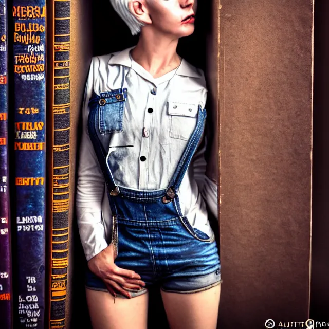 Image similar to full body pose, beautiful adult woman, short white hair shaved sides, dirty, grungy, grunge, long sleeve, painted overalls, stacks of giant books, highly detailed, 4 k, hdr, smooth, sharp focus, high resolution, award - winning photo, artgerm, photorealistic