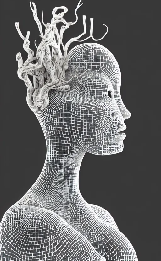 Image similar to black and white complex 3d render of 1 beautiful profile woman porcelain face, vegetal dragon cyborg, 150 mm, sinuous silver metallic ghost orchid flower stems, magnolia, roots, leaves, foliage, greenery, fine lace, maze-like, mandelbot fractal, anatomical, facial muscles, cable wires, microchip, elegant, highly detailed, black metalic carbon armour with silver details, rim light, octane render, H.R. Giger style, David Uzochukwu