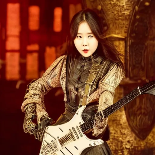 Image similar to iu wearing medieval armor playing an electric guitar