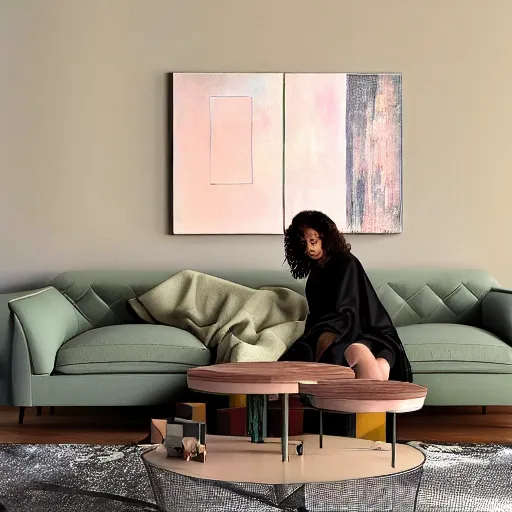 Image similar to A modern abstract painting depicting three women figures in three different rooms doing different poses, pastel modern earthy neutral tones, interesting geometry