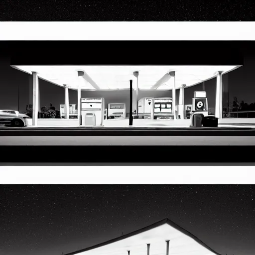 Prompt: a matte painting of a gas station at night by emiliano ponzi, james gilleard, george ault, david hockney, albert namatjira, minimalist, bauhaus, retrofuturism, postminimalism, concept art, matte background, matte drawing, space art, generative art