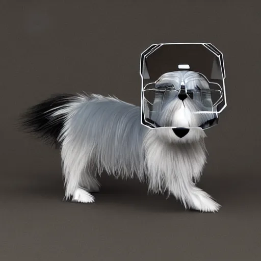 Image similar to robotic bearded collie that's a robot goes to school to get smart. digital art, 3 d render, comedy, scifi. fetch. arf.