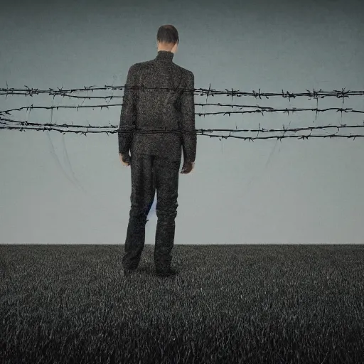 Image similar to a man standing in front of a fence with barbed wire, minimalism, dystopian art, retrofuturism