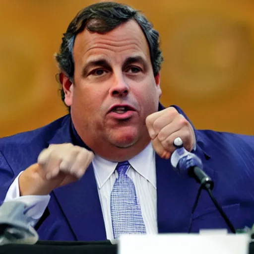 Prompt: chris christie magically transforming into a giant blueberry. ap photo. bizarre, surreal. blue skin, round, spherical, surprised expression, inflated blue balloon