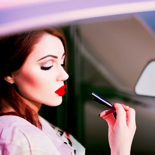 Image similar to a close - up of young woman looking in rear view mirror doing makeup, applying lipstick illuminated by a soft, ethereal light. k 4, kodak portra 4 0 0