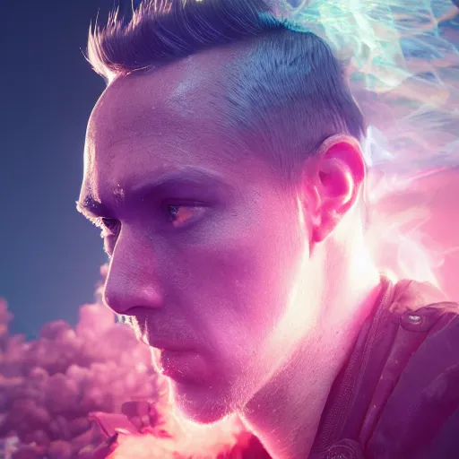 Prompt: portrait of man, his head is in smoke vaporizing, colorful vivid sky in background, made andrew chiampo, artstation, frederik heyman, extremely detailed, stunning volumetric lighting, fantasy, hyperrealism, 3 d render, octane render, unreal engine, fantasy, intricate detail, 4 k, futuristic, sharp focus, smooth