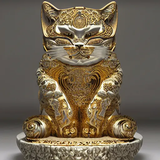 Prompt: carved white marble Maneki-neko cat sculpture,persian rug, mandelbulp 3D fractal,trending on artiststation, subtle gold accents, beautifully lit,by zdzislaw beksiński,tsutomu nihei,peter mohrbacher,hyper detailed,insane details,intricate,elite,ornate elegant,luxury,dramatic lighting,CGsociety,hypermaximalist, goldenradio,enviromental key art,octane render,weta digital,micro details,structure,ray trace 4k,headpeace, flowers,sureal,skeleton