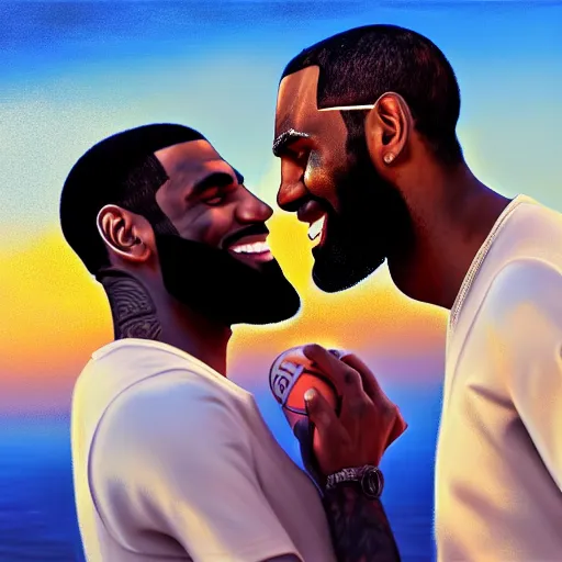 Image similar to beautiful serene intricate portrait of kyrie irving and lebron james taking a selfie, smiling softly, relaxing on the beach, golden hour, soft focus, 8 k, art by irakli nadar, hyperrealism, hyperdetailed, ultra realistic