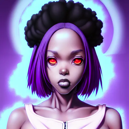 Image similar to portrait of a black anime manga girl, french bob hair, white hair, purple colored eyes, by artgerm, james jean, tom bagshaw, gerald brom, vaporwave colors, lofi colors, vaporwave, lofi, goth vibe, 4 k, smooth, hd, substance designer render, full body character concept art, symmetrical, 2 point lighting,