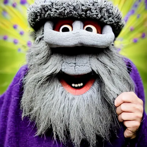 Prompt: the cookie monster as an old druid wizard, bald, bushy grey eyebrows, long grey hair, disheveled, wise old man, wearing a grey wizard hat, wearing a purple detailed coat, a bushy grey beard, sorcerer, he is a mad old man, laughing and yelling