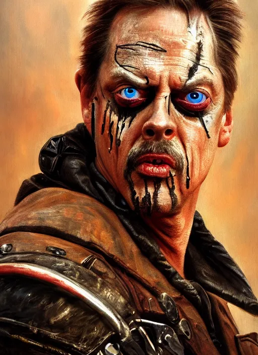 Prompt: portrait of steve buscemi as an evil raider character in mad max 2 : the road warrior, film still, detailed realism face in painting, detailed beautiful portrait, oil painting masterpiece, 8 k resolution, smooth, sharp focus, trending on artstation, by rembrandt