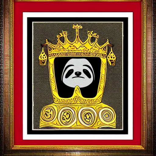 Prompt: sloth as the king of cups, coper crown, poster framed, intricate details, medieval art style, high contrast, posterized