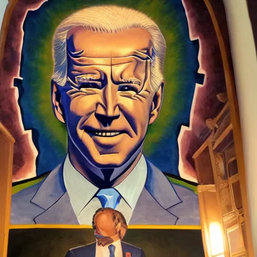Prompt: a church mural of joe biden as a god, 4 k, highly detailed, painted by michelangelo