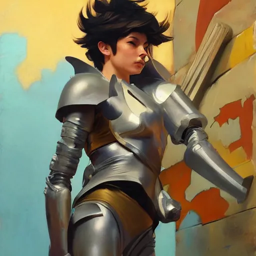 Image similar to greg manchess painting of tracer wearing a knight armor, medium shot, organic painting, sunny day, bold shapes, hard edges, street art, trending on artstation, by huang guangjian and gil elvgren and sachin teng and artgerm and greg rutkowski and alphonse mucha