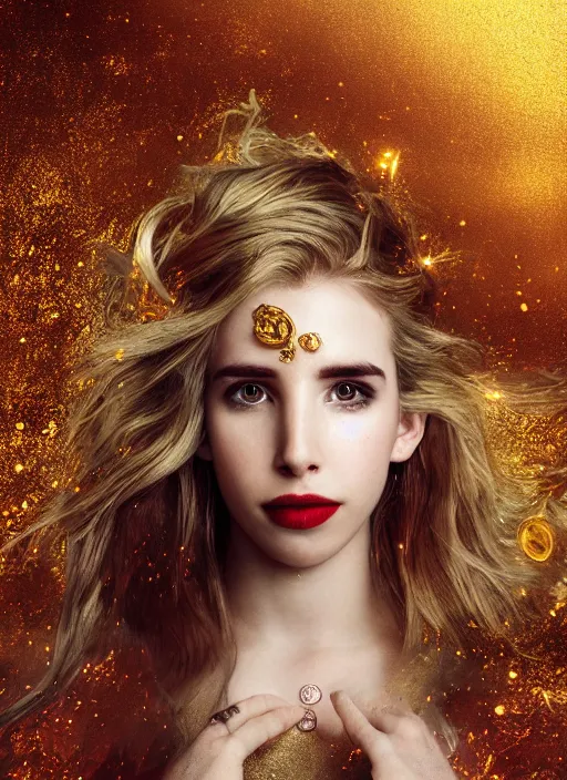 Image similar to glowing silver and golden elements, full close-up portrait, mixture of Emma Roberts, Sairone Miller, Elizabeth Brown Millerstone and Ryan Gosling as a dark witch, book cover, green forest, white moon, red lips, establishing shot, extremly high detail, photo-realistic, cinematic lighting, pen and ink, intricate line drawings, by Yoshitaka Amano, Ruan Jia, Kentaro Miura, Artgerm, post processed, concept art, artstation, matte painting, style by eddie mendoza, raphael lacoste, alex ross