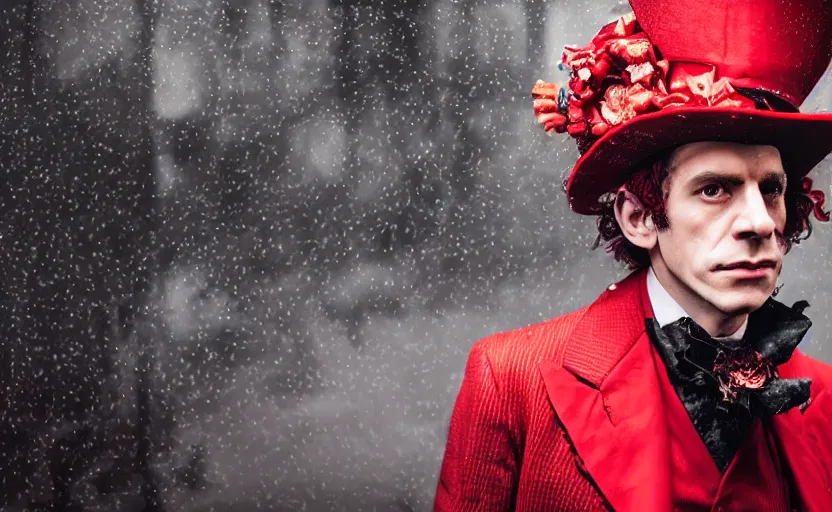 Image similar to cinestill 5 0 d candid photographic portrait by david cronenberg of baroque steampunk cyborg gentleman wearing a red edwardian suit and top hat, floral growths, modern cyberpunk moody emotional cinematic, closeup, pouring rain menacing lights shadows, 8 k, hd, high resolution, 3 5 mm, f / 3 2, ultra realistic faces, ex machina