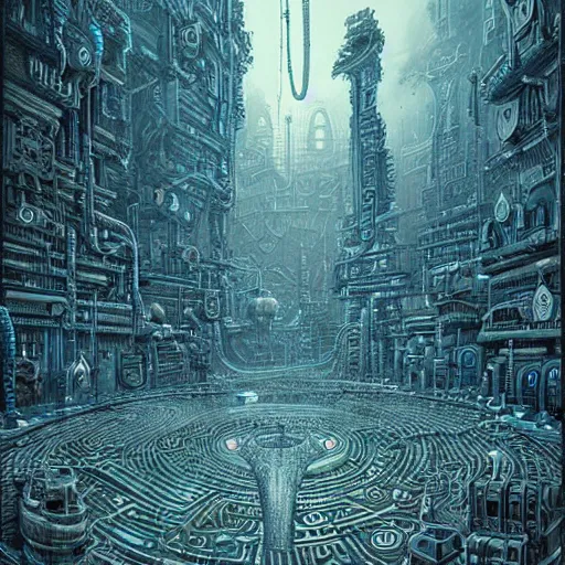 Prompt: a hyper realistic painting of a cyberpunk labyrinth, by joe fenton, highly detailed, vivid color,