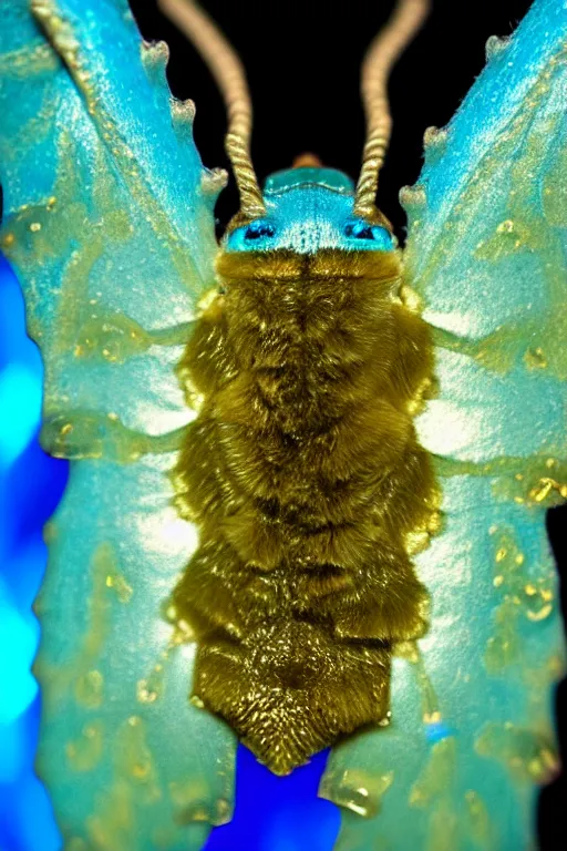 Image similar to high quality macro photo gelatinous furry moth! jeweled gorgeous! highly detailed david ligare elson peter cinematic blue neon lighting high quality low angle hd 8k sharp shallow depth of field