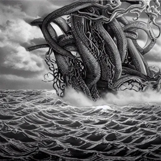 Prompt: 🤷🏽‍♂️ 🐙 a highly detailed hyperrealistic scene of a ship being attacked by giant squid tentacles, ultra realistic, jellyfish, squid attack, dark, voluminous clouds, thunder, stormy seas, pirate ship, dark, high contrast, yoji shinkawa, scary, m.c. Escher, highly detailed, brutal, beautiful, octopus arms attacking the ship from the storm, illusion, artgerm