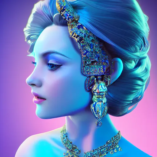 Image similar to photo of wonderful princess of sapphire with fair skin, she has her eyes closed, glowing, ornate and intricate blue jewelry, jaw dropping beauty, eyepopping colors, dynamic lighting, glowing background lighting, blue accent lighting, photorealistic, hyper detailed, award winning photography, 4 k octane render