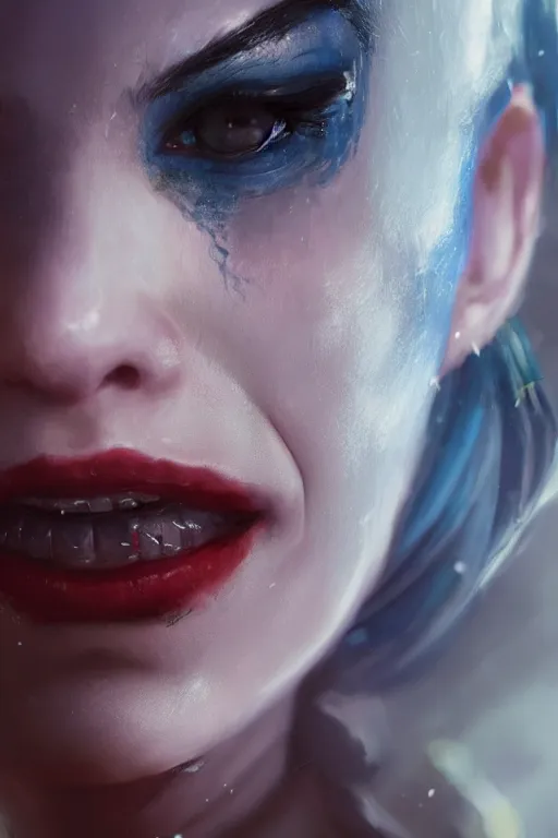 Prompt: a portrait of Harley Quinn by Greg Rutkowski, Sung Choi, Mitchell Mohrhauser, Maciej Kuciara, Johnson Ting, Maxim Verehin, Peter Konig, final fantasy , mythical, 8k photorealistic, cinematic lighting, HD, high details, atmospheric,