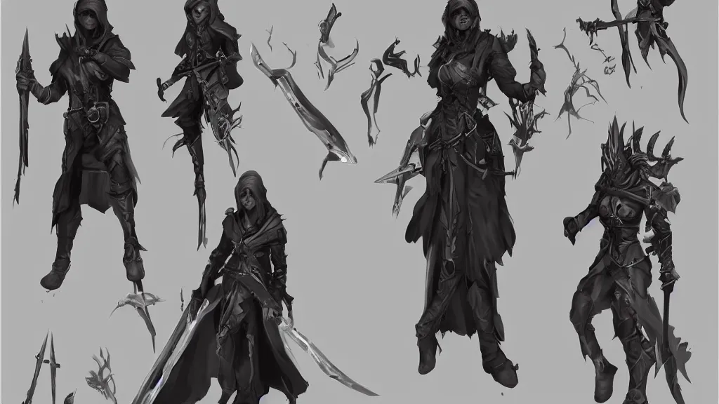 Prompt: a fantasy undead assassin character design sheet, trending on artstation