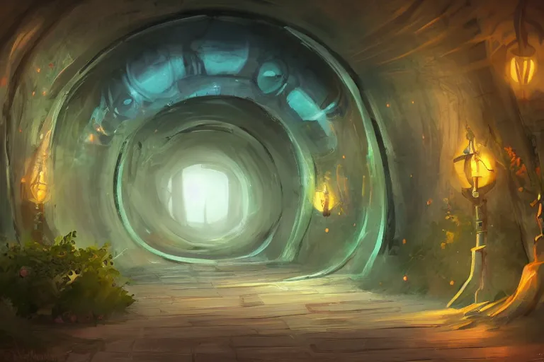 Prompt: a tunnel towards dreamy land ,concept art trending on artstation, golden rule, magical world ,