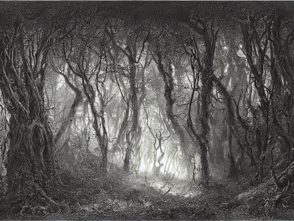 Prompt: an engraving of the interior of a tangled forest at night, wistman ’ s wood by gustave dore, john blanche, ian miller, highly detailed, strong shadows