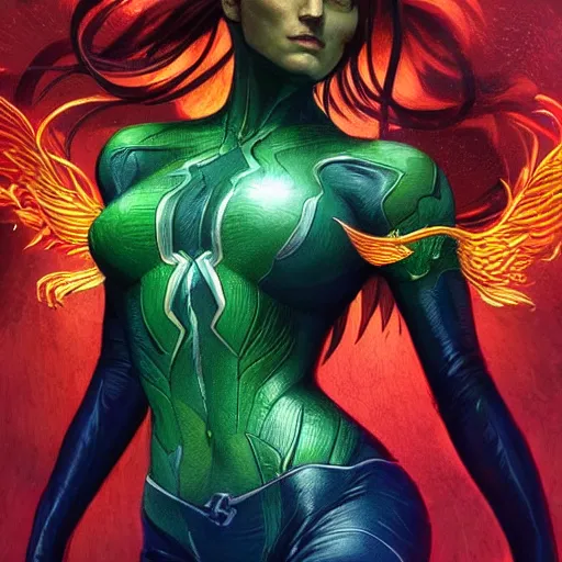 Image similar to full body portrait of jean grey, symmetry, hyperdetailed perfect face, green eyes, comic, phoenix rising, burning flames, intricate, detailed, volumetric lighting, scenery, digital painting, highly detailed, artstation, sharp focus, illustration, concept art, ruan jia, steve mccurry