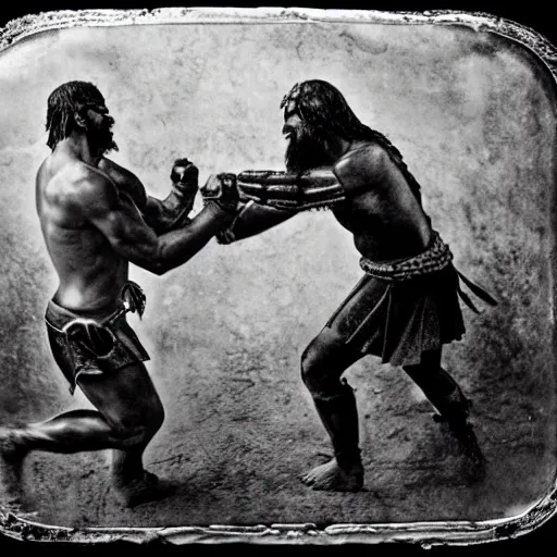 Image similar to spartan man and viking fistfighting, brutal, daguerreotype photograph
