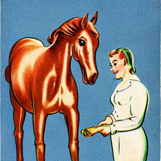 Prompt: vintage 1 9 5 0 s illustration of a horse sitting in baked beans