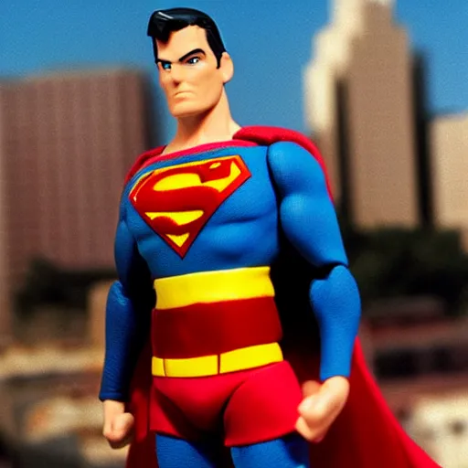 Prompt: toy photography. Superman action figure against a city backdrop. 1991. In Focus macro shot. Cover of Nintendo Power