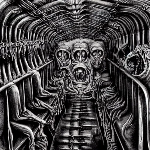 Prompt: an evil, horrific, cosmic, grotesque school bus full of tortured souls. it is traveling down the highway to hell. h. r. giger, h. p lovecraft, surrealism, highly detailed